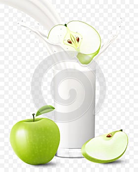Apple falling in a glass of milk or yogurt. Sweet milk splashes. Fruit milkshake advertising banner, yogurt jet, flying drops,