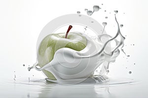 Apple Falling Into Yogurt On White Background. Generative AI