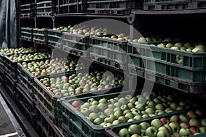 Apple filled containers truck plastic boxes. Generate Ai