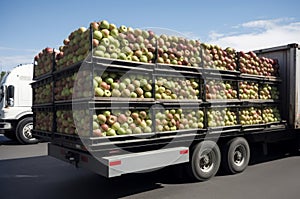 Apple filled containers truck ready for export. Generate Ai