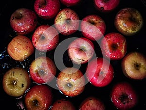 Apple floats in water, images in dark tones.Shoot with the phon