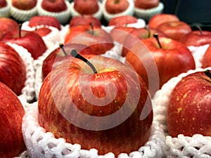 Apple in foam on shelf in supermarket