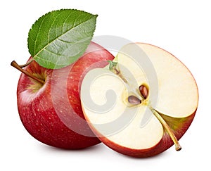 Apple fruit with apple slices and leaves isolated on white background