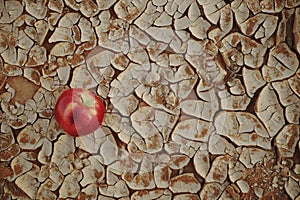 An apple fruit on a dry cracked desert soil. Water crisis, hunger, food security and drought concept.