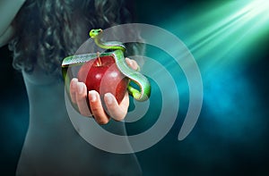 Apple fruit in a hand of a woman with a snake on top of it