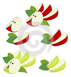 Apple fruit red and green. Apple quarter, slices and apple leaf isolated on white background. Apples Raster illustration