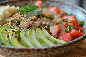 Apple granola with avocado and organic hemp seeds.