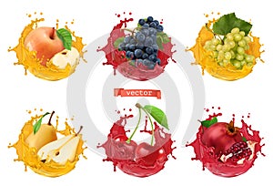 Apple, grapes, pear, cherry, pomegranate juice. Fresh fruits and splashes, 3d realistic vector icon set