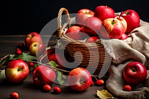 Apple harvest, baskets with red apples.