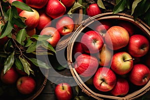 Apple harvest, baskets with red apples.