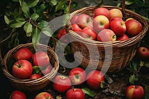 Apple harvest, baskets with red apples.