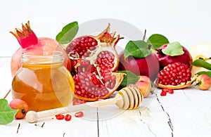 Apple and honey, traditional food of jewish New Year - Rosh Hashana. Copy space background.