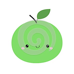 Apple icon. Green color. Cute cartoon kawaii smiling baby character. Funny fruit face. Flat design. White background. Isolated