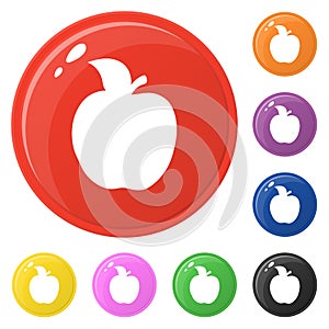 Apple icon set 8 color isolated on white. Collection of glossy round colorful buttons with apple. Vector illustration for design,