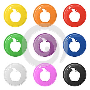 Apple icon set 9 color isolated on white. Collection of glossy round colorful buttons with apple. Vector illustration for design,