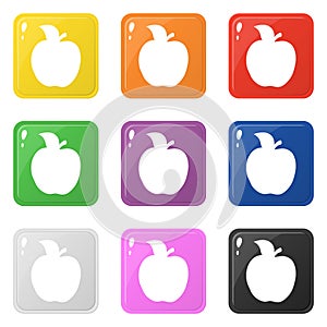 Apple icon set 9 color isolated on white. Collection of glossy square colorful buttons with apple. Vector illustration for design