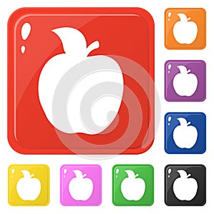 Apple icon set 8 color isolated on white. Collection of glossy square colorful buttons with apple. Vector illustration for design