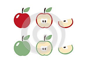 Apple icon set in modern flat design. Apple symbol in red and green with a leaf. Half and a slice of apple. Clip-art for logo,