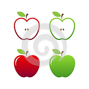 Apple icon. Set of red, green, and half apple with leaf vector.