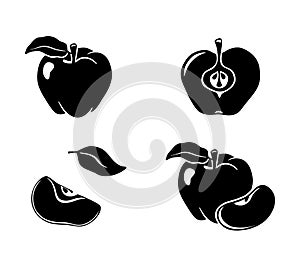 Apple icons set. Whole fruit, half, slice, leaf. Hand drawn silhouette clipart. Black simple illustration for packaging design,