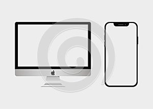 Apple iMac and iPhone. Realistic modern monitor, computer, smart phone. Device Mockup. Electronics industry. Vector illustration.