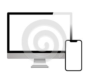 Apple iMac, MacBook and iPhone. Realistic modern monitor vector illustration.