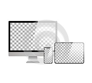 Apple iMac, MacBook and iPhone. Realistic modern monitor vector illustration.