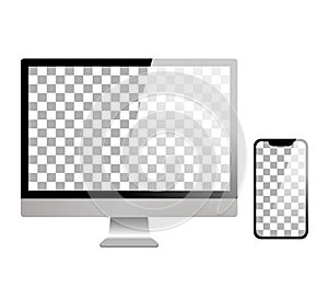 Apple iMac, MacBook and iPhone. Realistic modern monitor vector illustration.