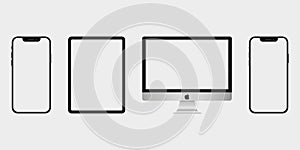 Apple iPad, iPhone 12, MacBook, iMac. Collection of realistic modern devices. Touch screen. World technology. Vector illustration