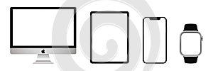 Apple iPad, iPhone 12, Watch SE, Series 6 2020, MacBook, iMac. Collection of realistic modern devices. Touch screen. World