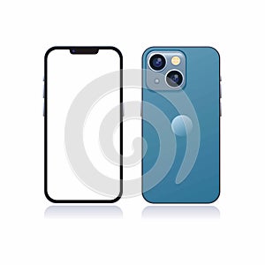 Apple iPhone 13 front and back in Blue color mockup template illustration vector