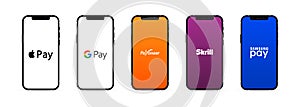 Apple Iphone with different popular payment system: Skrill, Samsung Pay, Payoneer, Apple Pay, Google Pay. Vector phone template