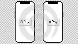 Apple Iphone with popular payment systems: Apple Pay, Google Pay. Vector phone template for your banner, advertising, website. EPS