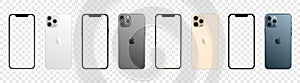 Apple iPhone 12 Pro Max in four colors. Iphone mockup set with blank screen. Vector illustration isolated on transparent