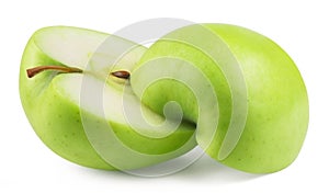 Apple isolated. Green apple cut into two halves on a white background.