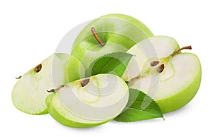 Apple isolated. Juicy ripe green apple and sliced apple slices on white background.