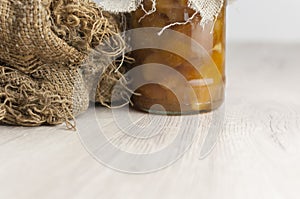 Apple jam in glass jars. Home canned food.