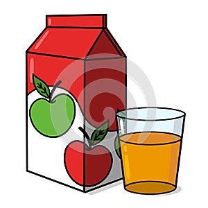 Apple juice carton and a clear glass with apple juice illustration