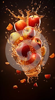 an apple juice explosion with apples . Commercial photography, closeup. AI generated