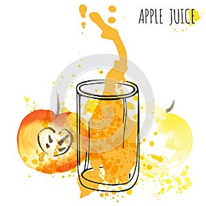 Apple juice splash vector watercolor illustration. Apple with splash and glass isolated on white background. Apple drink