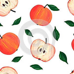 Apple juicy fruits seamless pattern. Hand drawn illustration in gouache. Design for wallpaper, background, fabric, textile, cafe