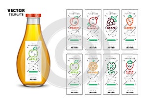 Fresh juice realistic glass bottle with labels set