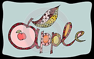 Apple lettering. Card with colorful stylized word. Vector illustration