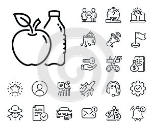 Apple line icon. Fruit, water bottle sign. Salaryman, gender equality and alert bell. Vector