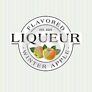 Apple liqueur emblem. Label or packaging. Circle frame with letters and ripe fruits. Retro style design.