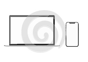 Apple MacBook and iPhone. Realistic modern monitor, computer, laptop, smart phone. Device Mockup. Electronics industry. Vector photo