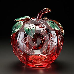 The apple is made of red clear transparent glass with leaf ornaments