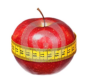 Apple with measuring tape lose weight on white