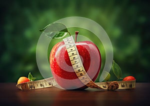 Apple with measuring tape . Weight loss concept.