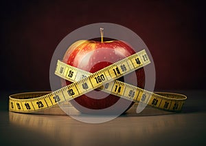 Apple with measuring tape . Weight loss concept.